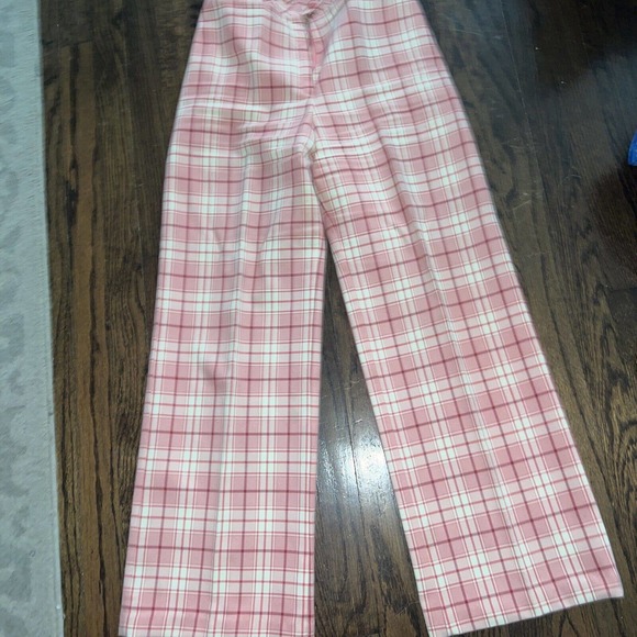 Vtg 70s Barbie Core Pants High Waist Womens Pink Plaid Flare Wide Leg 26 - Picture 3 of 7